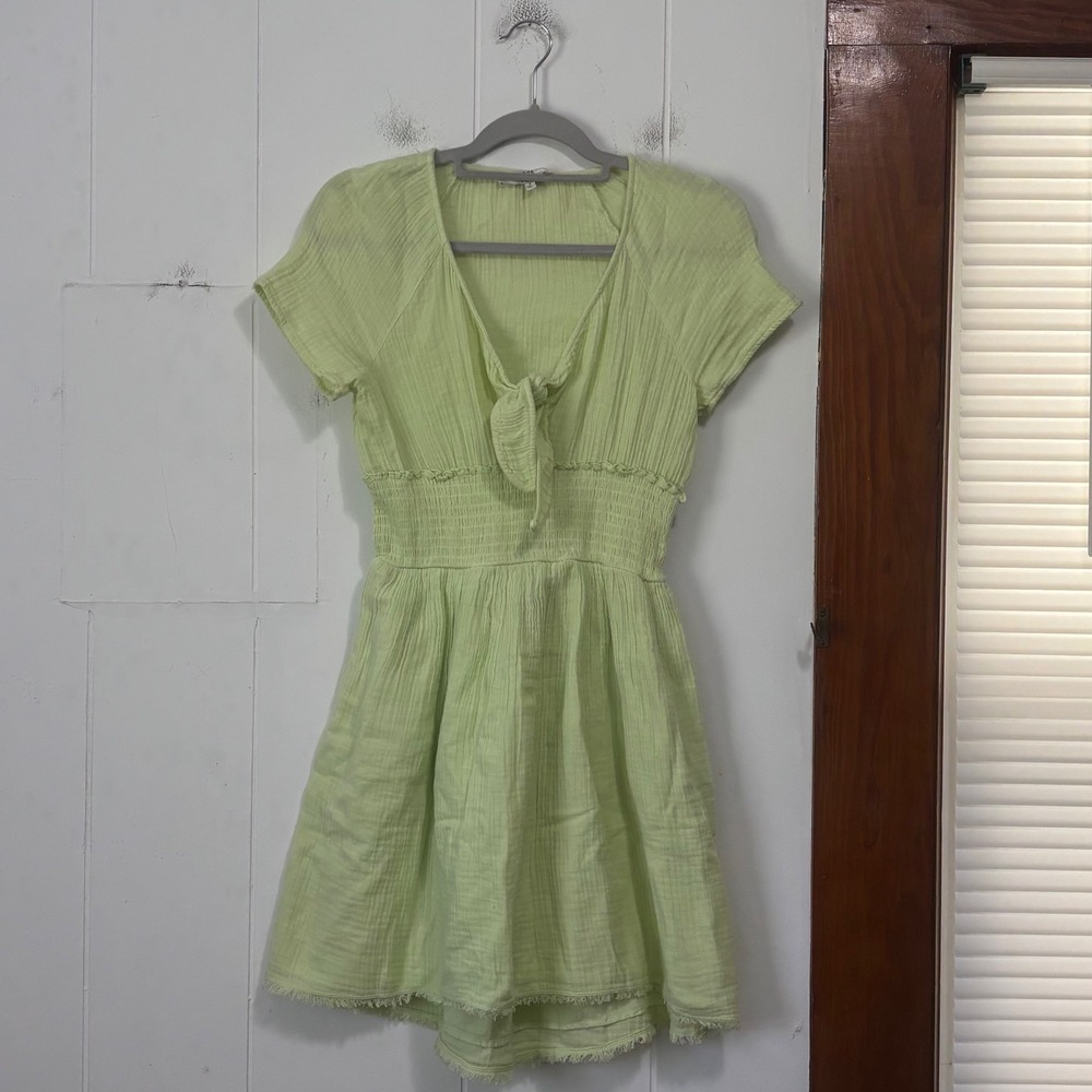 True Craft Lime Green Cotton Gauze Mini Dress Smocked Waist Tie Front Small